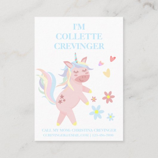 Carte d'appel Sweet Rose Unicorn Playdate maman (Dos)