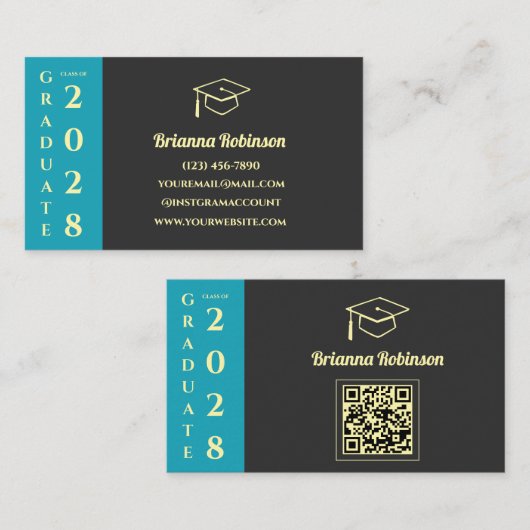Carte D'appel Turquoise Modern Graduation QR Code Name Card (Devant / Derrière)