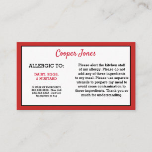 Carte D'appel Urgence rouge de restaurant d'alerte d'allergie