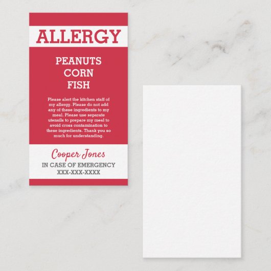 Carte D'appel Urgence rouge faite sur commande de restaurant (Devant / Derrière)