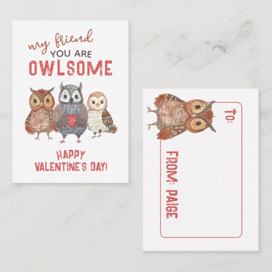 Carte D'appel Vous êtes Magnifique Chouettes Classroom Valentine (Devant / Derrière)