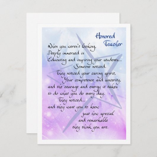 Carte d'appréciation de l'enseignant honoré (Devant / Derrière)