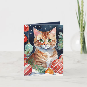 Carte d'aquarelle de Noël Orange Tabby Cat Meowy