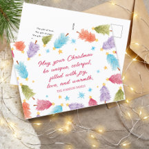 Carte d'arbre de Noël colorée | Carte postale vaca