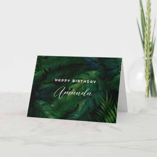 Carte Dark Green Tropical Feuille Motif Anniversaire (Devant)
