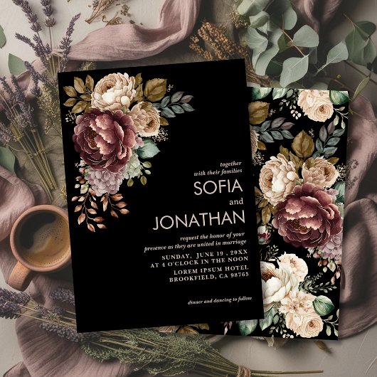 Carte Dark Moody Burgundy & Maroon Peony Winter Wedding 