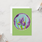 Carte d'art Batik Fleur Iris violet (Devant/Arrière en situation)