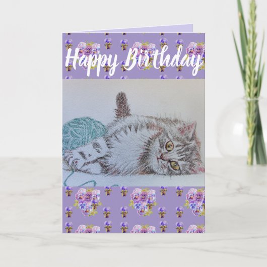 Carte d'art d'anniversaire mignonne fleur de chats (Devant)