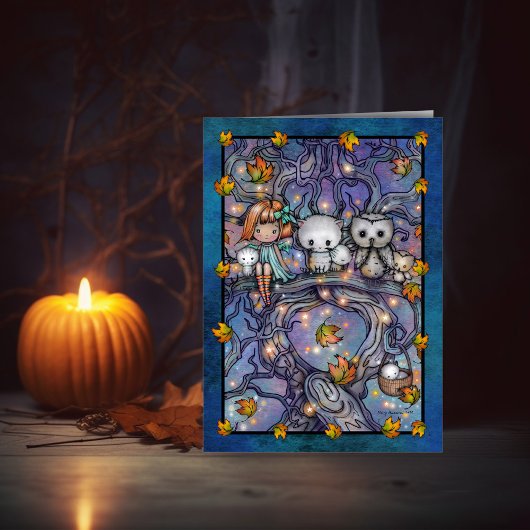 Carte d'art de fées d'Halloween hiboux et chats