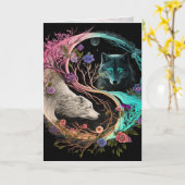 Carte d'art graphique d'ours polaire loup yin yang (Fleur jaune)