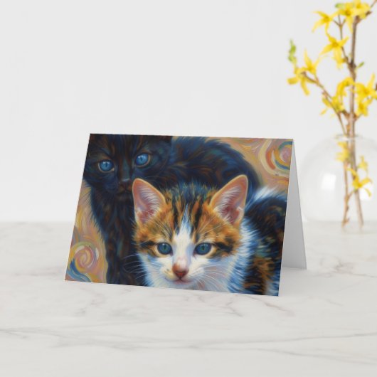 Carte d'art impressionniste de deux chatons mignon (Fleur jaune)