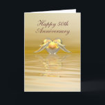 Carte Dauphins et Coeur du Golden Anniversaire<br><div class="desc">Carte 50e anniversaire jaune et or avec deux dauphins et un coeur doré. Texte personnalisable qui dit "Joyeux 50e anniversaire" sur la couverture avec un verset à l'intérieur.</div>