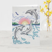Carte Dauphins Jouant à la Plage Océane au Lever du Sole (Fleur jaune)