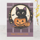 Carte d'automne de chat mignon Halloween (Fleur jaune)