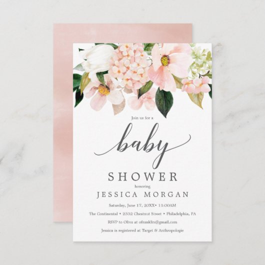 Carte d'Baby shower Blush Hydrangea (Devant / Derrière)
