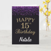Carte de 15e anniversaire avec paillettins violets (Fleur jaune)