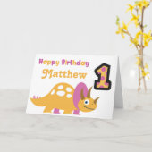 Carte de 1er anniversaire du dinosaure jaune migno (Fleur jaune)