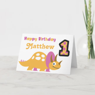 Carte de 1er anniversaire du dinosaure jaune migno