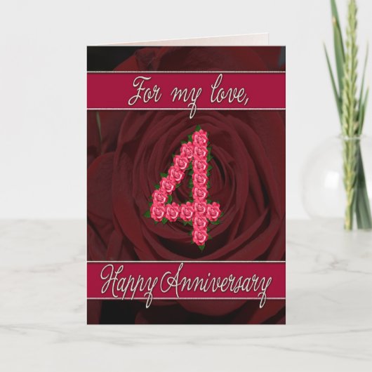 Carte de 4e anniversaire avec roses et feuilles (Devant)