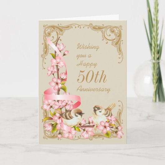 Carte de 50e anniversaire des fleurs de cerises et (Devant)