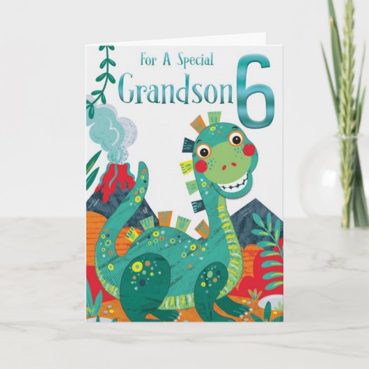 Carte de 6e anniversaire de Grandson - Happy Dinos (Devant)