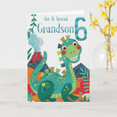 Carte de 6e anniversaire de Grandson - Happy Dinos (Fleur jaune)