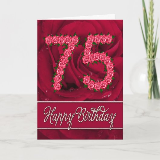 Carte de 75e anniversaire avec rose et feuille (Devant)