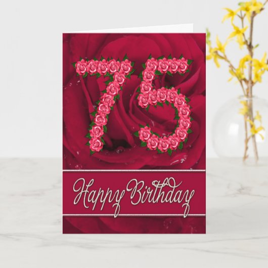 Carte de 75e anniversaire avec rose et feuille (Fleur jaune)