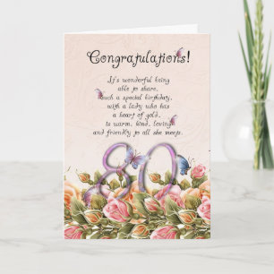 Carte de 80e anniversaire avec papillons et roses