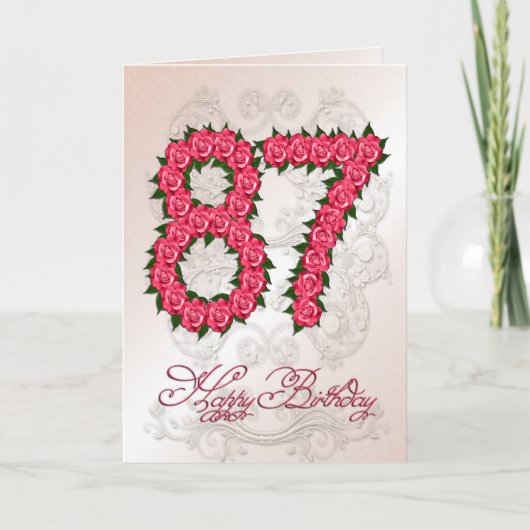 Carte de 87e anniversaire avec roses et feuilles (Devant)