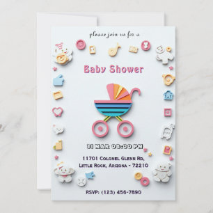 Carte de Baby Shower avec Landau et Icônes Mignonn