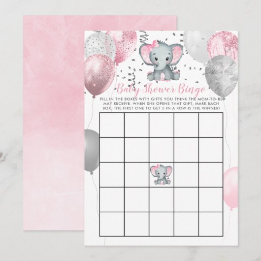 Carte de Baby shower Bingo pour fille Eléphante mi (Devant / Derrière)
