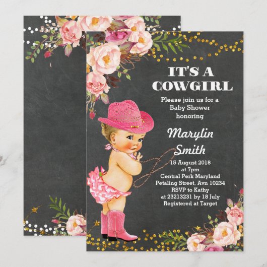 Carte de Baby shower Chalkboard Rustic Cowgirl (Devant / Derrière)