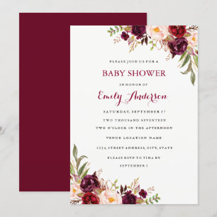 Carte de Baby Shower d'Automne Florale Bourgogne