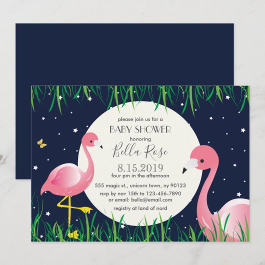 Carte de Baby shower de Flamants roses Blue Moon S (Devant / Derrière)