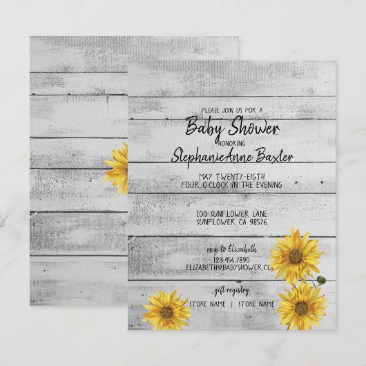 Carte de Baby shower de fleurs de soleil en bois b (Devant / Derrière)
