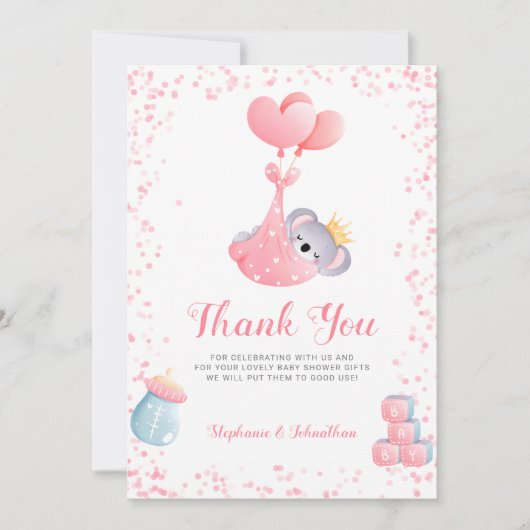Carte de Baby shower de Merci de la fille Koala (Devant)