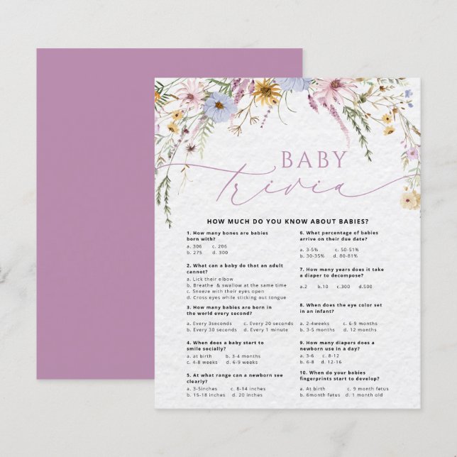 Carte de Baby shower fleur sauvage Baby Trivia (Devant / Derrière)