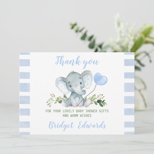 Carte de Baby shower Merci Baby Blue Elephant (Debout devant)