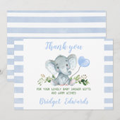 Carte de Baby shower Merci Baby Blue Elephant (Devant / Derrière)