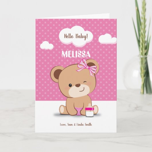 Carte de Baby shower mignonne bébé ours pour fille (Devant)