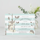 Carte de Baby shower Mint Grey Woodland Fox Hedgeh (Debout devant)
