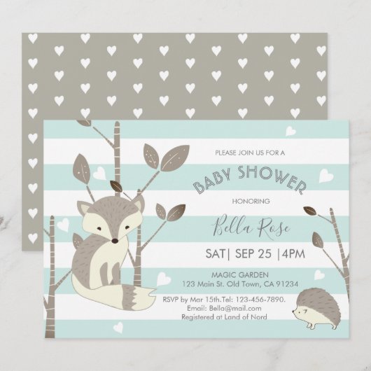Carte de Baby shower Mint Grey Woodland Fox Hedgeh (Devant / Derrière)