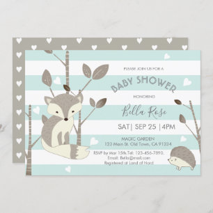 Carte de Baby shower Mint Grey Woodland Fox Hedgeh