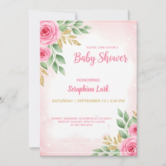 Carte de Baby Shower Rose Editable pour Filles (Devant)
