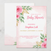 Carte de Baby Shower Rose Editable pour Filles (Devant / Derrière)