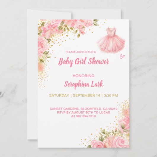 Carte de Baby Shower Rose pour Filles Editable (Devant)