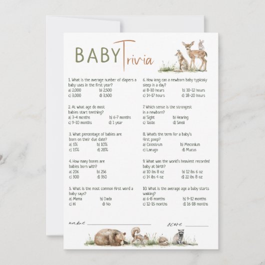 Carte de Baby shower Trivia pour animaux de forêt (Devant)