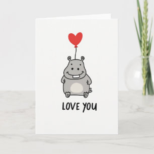 Carte de ballon en forme de cœur avec hippopotame