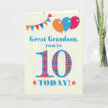 Carte de ballons à bascule Great Grandson 10e anni<br><div class="desc">Une carte d'anniversaire colorée pour un arrière-petit-fils de 10 ans, Le grand nombre 10 rempli d'un motif orange, rouge et bleu, surligné de bleu vif. Il y a des ballons et du bunting en haut, dans des couleurs assorties et l'accueil à la couverture est : "Grand-fils, vous avez 10 ans...</div>